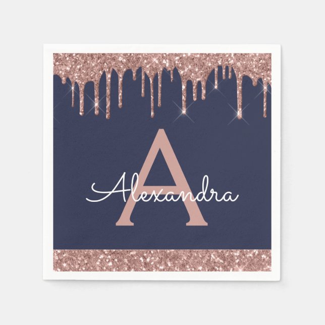 Pink Rose Gold Glitter Navy Blue Monogram Birthday Napkins (Front)