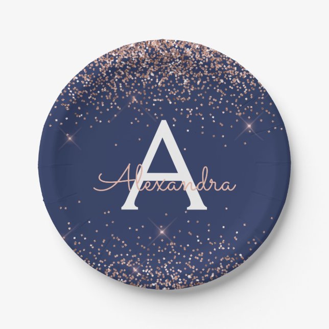 Pink Rose Gold Glitter Navy Blue Monogram Birthday Paper Plates (Front)