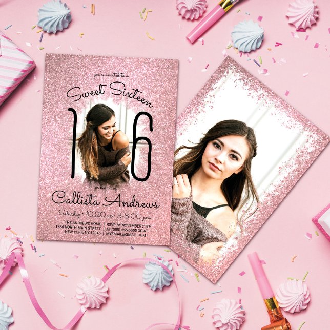 Pink Rose Gold Glitter Ombre Halo Photo Sweet 16 Invitation (Creator Uploaded)