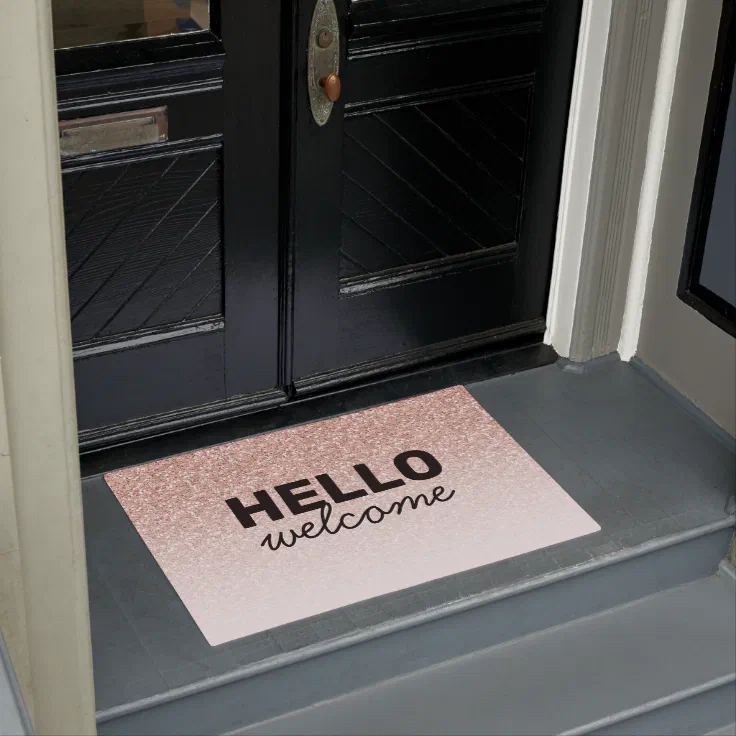 Pink Rose Gold Glitter Ombre Hello Doormat Zazzle
