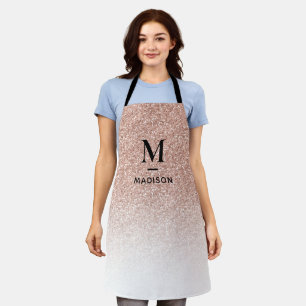 Pink Rose Gold Glitter Ombre Modern Monogram Name Apron