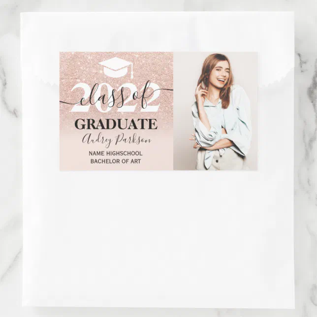 pink rose gold glitter ombre photo graduation rectangular sticker | Zazzle