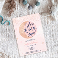 Pink rose gold glitter over the moon baby shower invitation