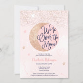 Pink rose gold glitter over the moon baby shower invitation (Front)