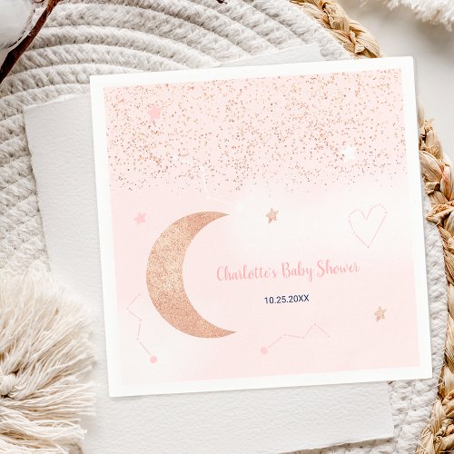 Pink rose gold glitter over the moon baby shower napkins