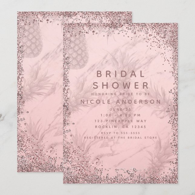 Pink Rose Gold Glitter Pineapple Bridal Shower Invitation (Front/Back)