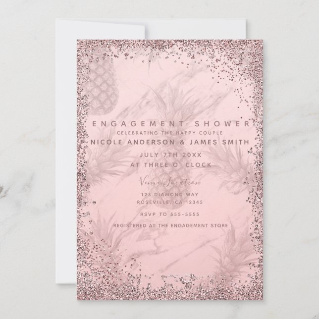 Pink Rose Gold Glitter Pineapple Engagement Invitation (Front)