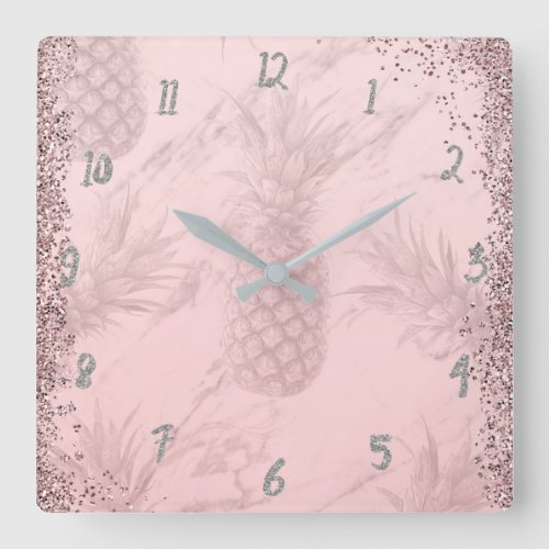 Pink Rose Gold Glitter Pineapple Tropical Chic Square Wall Clock