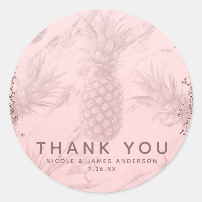 Pink Rose Gold Glitter Pineapple Tropical Favor Classic Round Sticker (Front)