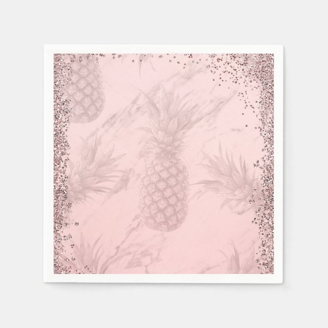 Pink Rose Gold Glitter Pineapple Tropical Party Napkins (Front)