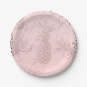 Pink Rose Gold Glitter Pineapple Tropical Party Paper Plates