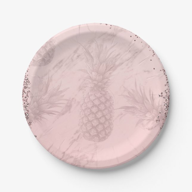 Pink Rose Gold Glitter Pineapple Tropical Party Paper Plates (Front)