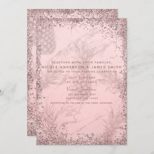 Pink Rose Gold Glitter Pineapple Tropical Wedding Invitation