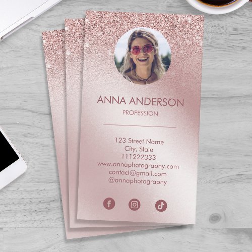 Pink Rose Gold Glitter Professional Social Media Business Card