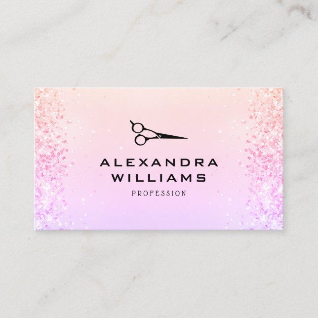 Pink Rose Gold Glitter QR Code Scissor Modern Business Card (Front)