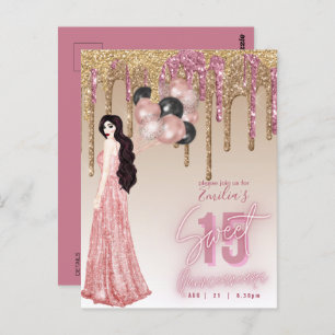 Pink Rose Gold Glitter Quinceanera Brunette Girl   Postcard