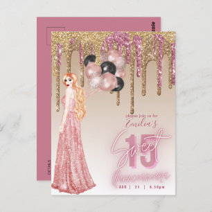 Pink Rose Gold Glitter Quinceanera  Red Hair Girl Postcard
