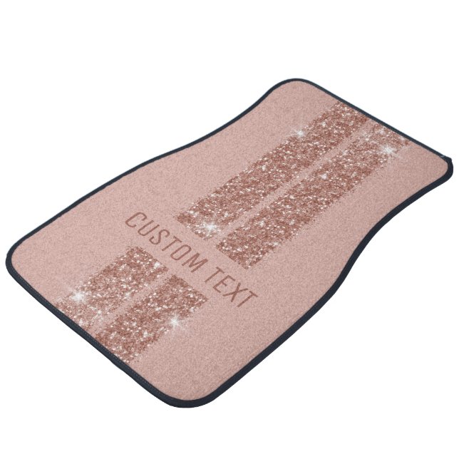 Pink Rose Gold Glitter Racing Stripe Custom Text Car Floor Mat (Angled)