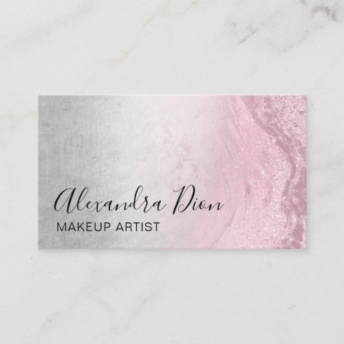 Pink rose gold glitter  silver makeup artist business card