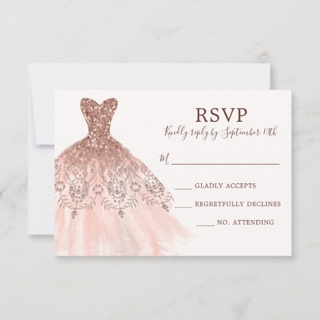 Pink Rose Gold Glitter Sparkle Dress Gown Script RSVP Card (Front)