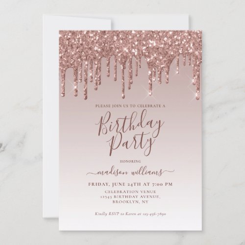 Pink Rose Gold Glitter Sparkle Dripping Birthday Invitation