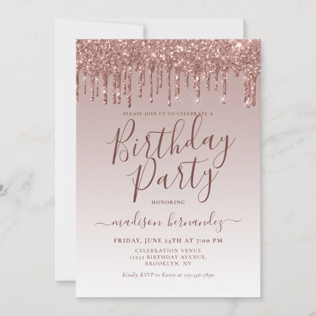 Pink Rose Gold Glitter Sparkle Dripping Birthday Invitation (Front)
