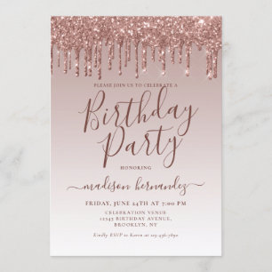 Pink Rose Gold Glitter Sparkle Dripping Birthday Invitation