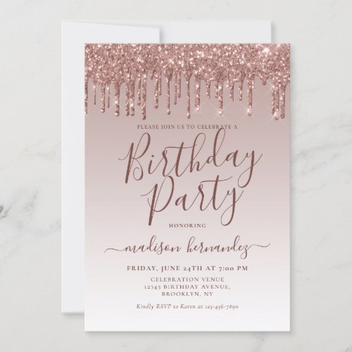 Pink Rose Gold Glitter Sparkle Dripping Birthday Invitation