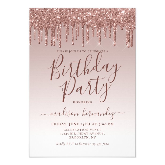 Pink Rose Gold Glitter Sparkle Dripping Birthday Invitation | Zazzle.com