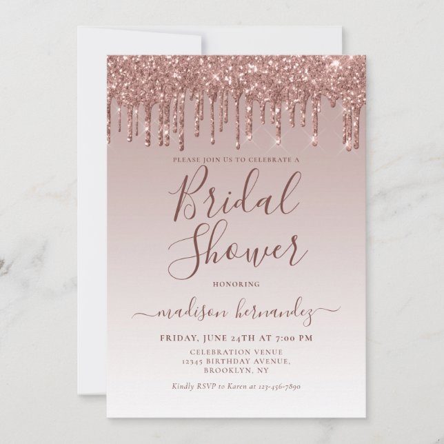 Pink Rose Gold Glitter Sparkle Drips Bridal Shower Invitation (Front)