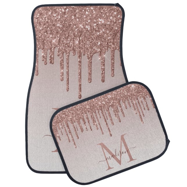 Pink Rose Gold Glitter Sparkle Drips Monogram Car Floor Mat (Set)