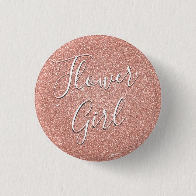 Pink Rose Gold Glitter & Sparkle Flower Girl Button (Front)