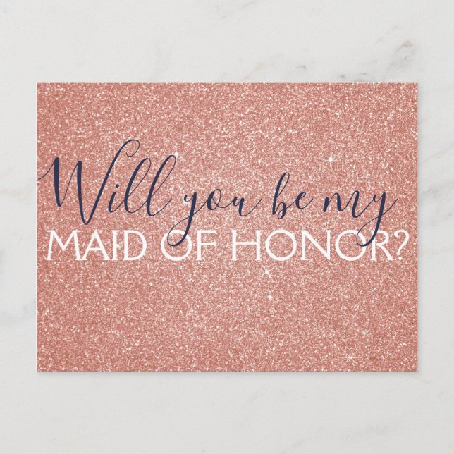 Pink Rose Gold Glitter & Sparkle Maid of Honor Invitation Postcard (Front)