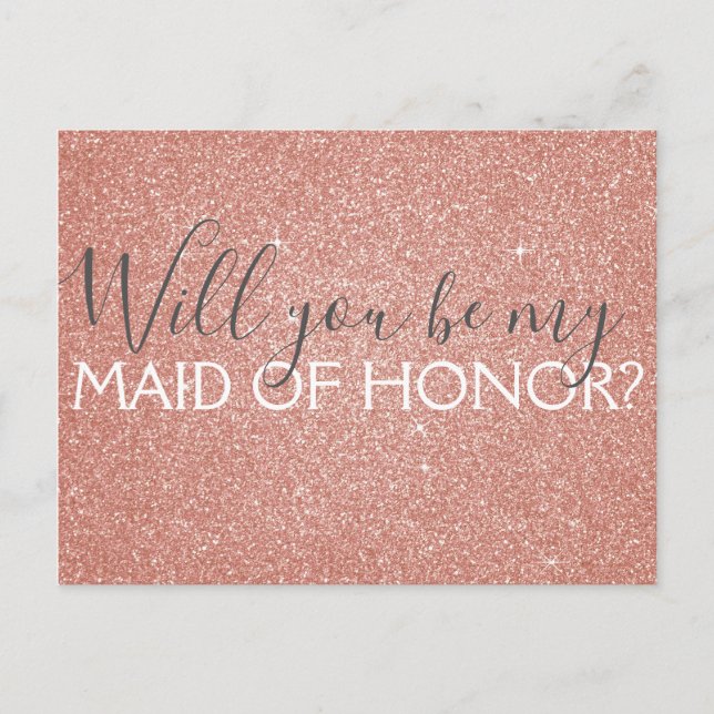 Pink Rose Gold Glitter & Sparkle Maid of Honor Invitation Postcard (Front)