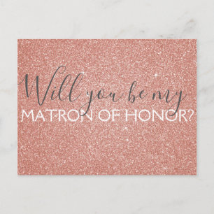 Pink Rose Gold Glitter & Sparkle Matron of Honor Invitation Postcard