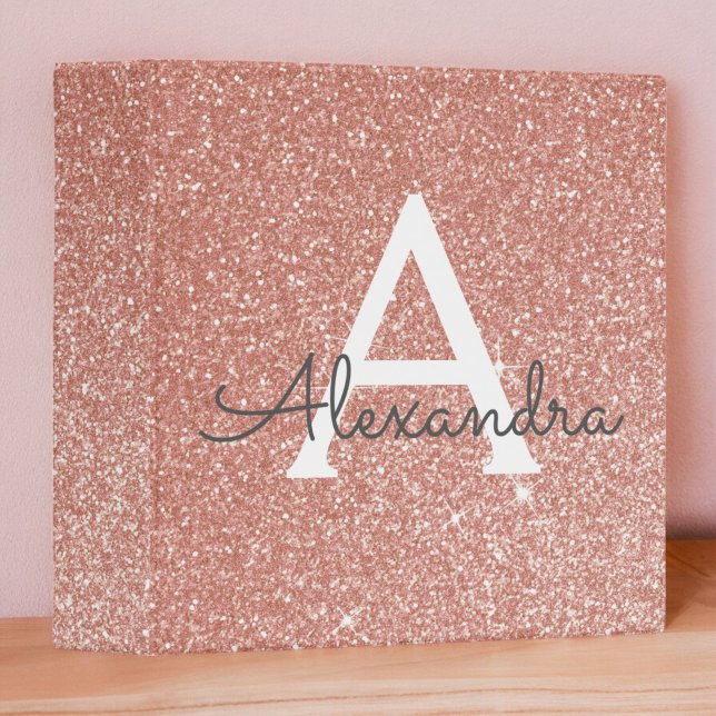 Pink Rose Gold Glitter & Sparkle Monogram 3 Ring Binder (Creator Uploaded)