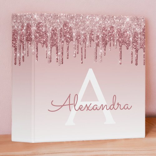 Pink Rose Gold Glitter  Sparkle Monogram 3 Ring Binder