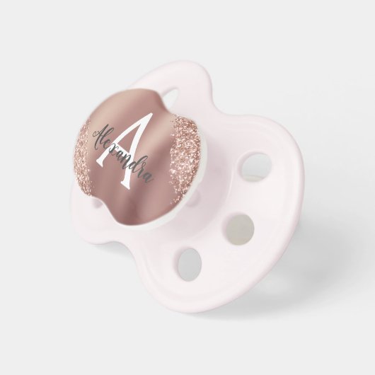 Pink Rose Gold Glitter & Sparkle Monogram Baby Pacifier (Front Right)