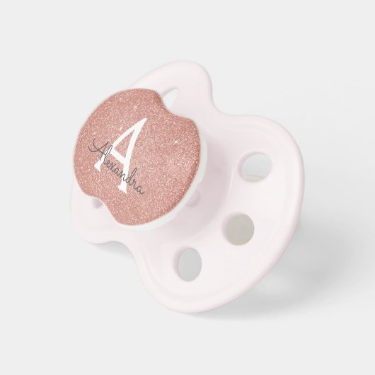 Pink Rose Gold Glitter & Sparkle Monogram Baby Pacifier (Front Right)