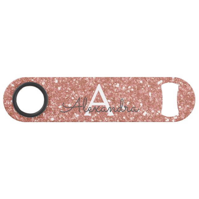 Pink Rose Gold Glitter & Sparkle Monogram Bar Key (Front (Horizontal))