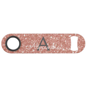 Pink Rose Gold Glitter & Sparkle Monogram Bar Key