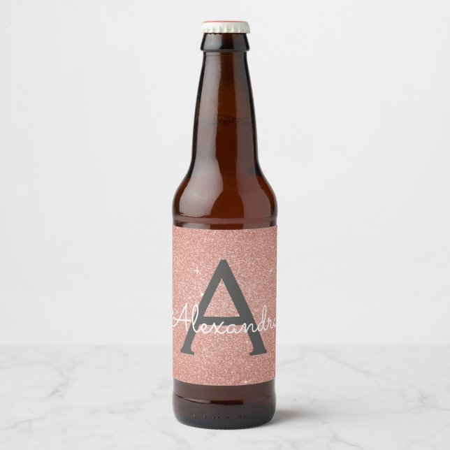 Pink Rose Gold Glitter & Sparkle Monogram Beer Bottle Label (Front)
