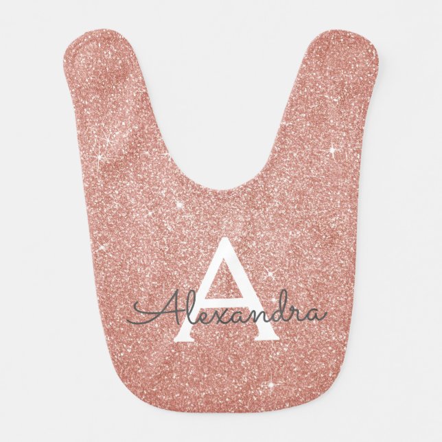 Pink Rose Gold Glitter & Sparkle Monogram Birthday Baby Bib (Front)