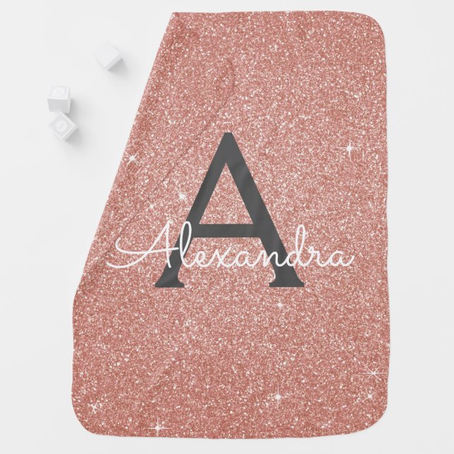 Pink Rose Gold Glitter & Sparkle Monogram Birthday Baby Blanket (In Situ)