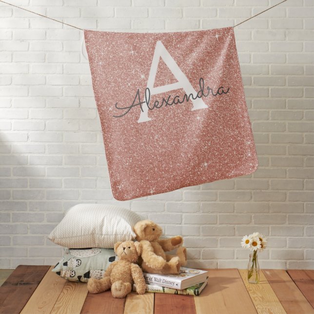 Pink Rose Gold Glitter & Sparkle Monogram Birthday Baby Blanket (In Situ)