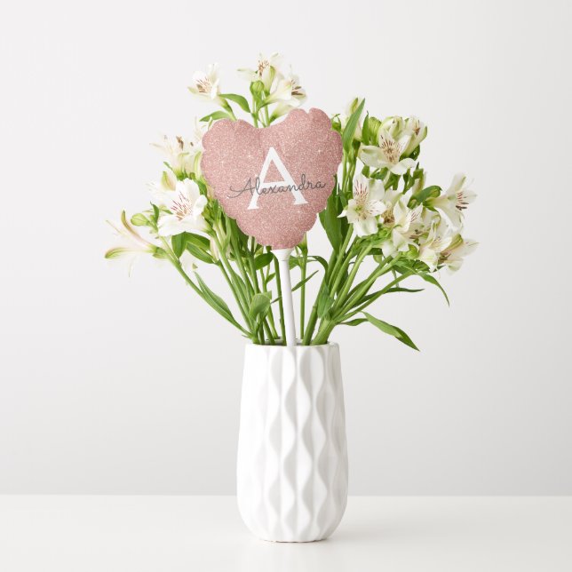 Pink Rose Gold Glitter & Sparkle Monogram Birthday Balloon (Vase)