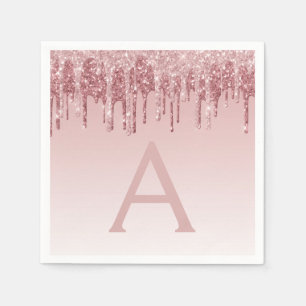 Pink Rose Gold Glitter & Sparkle Monogram Birthday Napkins