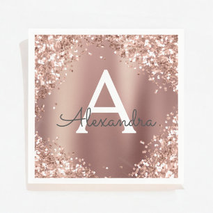 Pink Rose Gold Glitter & Sparkle Monogram Birthday Napkins