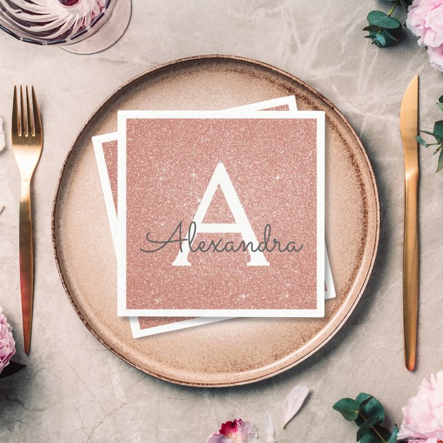 Pink Rose Gold Glitter & Sparkle Monogram Birthday Napkins (Creator Uploaded)