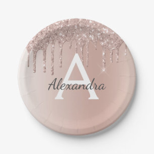 Pink Rose Gold Glitter & Sparkle Monogram Birthday Paper Plates